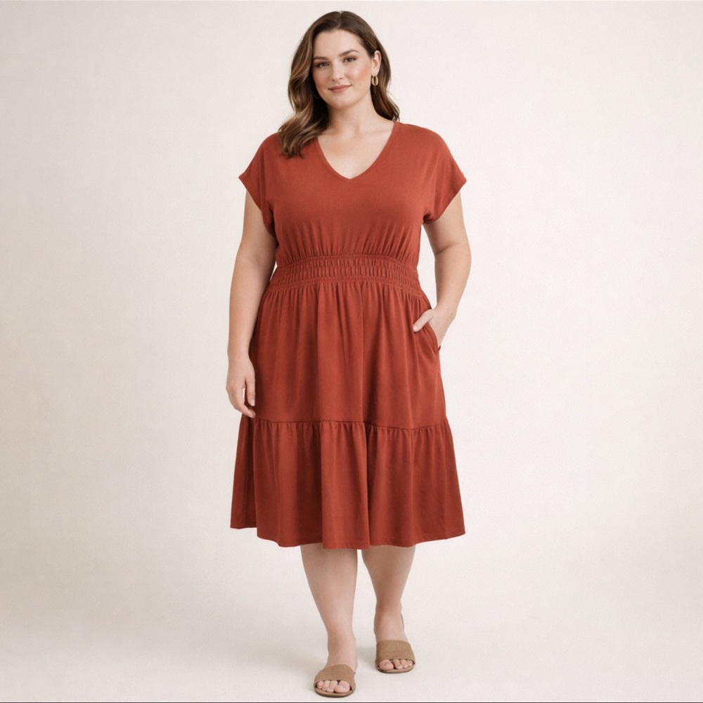 Maurices Womens XL Rust Tiered Midi Dress Smocked Waist Short Sleeve NWT